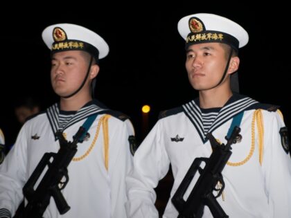 Chinese navy soldiers on Navy vessel Changbai Shan 989 in the harbour of Piraeus at the Chinese New Year Eve celebration, in Athens, Greece, on February 19, 2015. (Wassilios Aswestopoulos/NurPhoto via Getty)