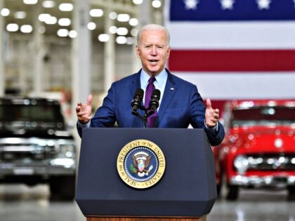 US President Joe Biden delivers remarks at the Ford Rouge Electric Vehicle Center, in Dearborn, Michigan on May 18, 2021. (Photo by Nicholas Kamm / AFP) (Photo by NICHOLAS KAMM/AFP via Getty Images)