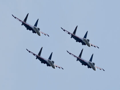 Sukhoi Su-35S aircrafts perform during the International Military-Technical Forum "Army 2022" at Kubinka military training ground in Moscow, Russia on August 17, 2022. (Pavel Pavlov/Anadolu Agency via Getty Images)