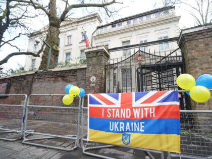 A flag outside the Russian Embassy in London left to mark the first anniversary of Russia's invasion of Ukraine. Picture date: Friday February 24, 2023. (Photo by Kirsty O'Connor/PA Images via Getty Images)