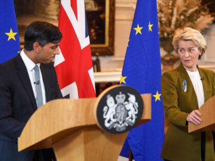 Rishi Sunak, UK prime minister, left, and Ursula von der Leyen, president of the European Commission, during a joint news conference on a post-Brexit deal in Windsor, UK, on Monday, Feb. 27, 2023. The UK and European Union reached a deal on Northern Ireland's trading arrangements, ending more than a …