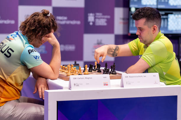 World Chess Champion Magnus Carlsen from Norway compete with chess player Ian Nepomniachtchi from Russia during World Chess Championship 2023 in...