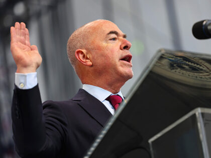 Alejandro N. Mayorkas, Secretary of Department of Homeland Security, administers the Oath of Allegiance during a naturalization ceremony in Damrosch Park Lincoln Center of the Performing Arts on September 17, 2021 in New York City. The U.S. Citizenship and Immigration Services held its largest naturalization ceremony welcoming nearly 200 new …