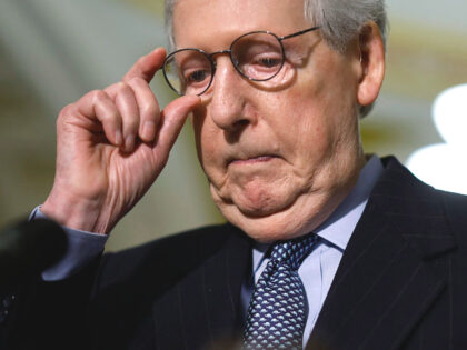 Senate Minority Leader Mitch McConnell (R-KY) talks to reporters following the weekly Senate Republican policy luncheon in the U.S. Capitol on February 14, 2023 in Washington, DC. Republicans were critical of President Joe Biden's response to the U.S. Military's downing of four unidentified objects that entered North American airspace in …