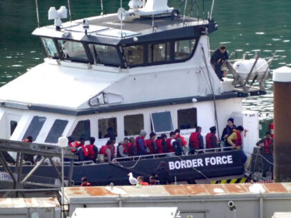 A group of people thought to be migrants are brought in to Dover, Kent, from a Border Force vessel after being rescued during a small boat incident in the Channel. Picture date: Tuesday July 18th, 2023. (Photo by Gareth Fuller/PA Images via Getty Images)