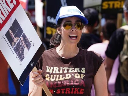 Sarah Silverman walks the picket line in support of the SAG-AFTRA and WGA strike on July 20, 2023 in Los Angeles, California. (Photo by Hollywood To You/Star Max/GC Images)