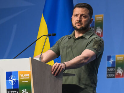 VILNIUS, LITHUANIA - JUNE 12, 2023: President of Ukraine Volodymyr Zelenskyy seen during a joint press conference with the Secretary General of NATO Jens Stoltenberg on the second day of the 2023 NATO Summit in Vilnius, Lithuania, on July 12, 2023. (Photo by Artur Widak/NurPhoto via Getty Images)