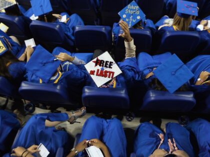 A graduate wears his mortarboard with Free at Last written on it as Vice President Joe Biden speaks during the commencement ceremony for Cypress Bay High School graduates at Marlins Park on June 4, 2012 in Miami, Florida. With Florida being an important swing state in the national election both …