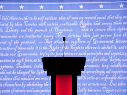 The stage is set for Monday night's presidential debate between Democratic presidential nominee Hillary Clinton and Republican presidential nominee Donald Trump at Hofstra University on September 26, 2016 in Hempstead, New York. Clinton and Trump are scheduled to square off this evening in the first 2016 presidential debate. (Photo by …