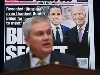 WASHINGTON, DC - FEBRUARY 08: House Oversight Committee Chairman Rep. James Comer (R-KY) is seen in front of a newspaper page with a photograph of Hunter Biden and his father President Joe Biden during the Protecting Speech from Government Interference and Social Media hearing with former Twitter employees before the …