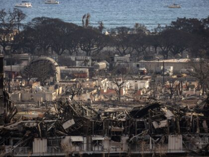 Charred remains of a burned neighbourhood is seen in the aftermath of a wildfire, in Lahaina, western Maui, Hawaii on August 14, 2023. The death toll in Hawaii's wildfires rose to 99 and could double over the next 10 days, the state's governor said August 14, as emergency personnel painstakingly …