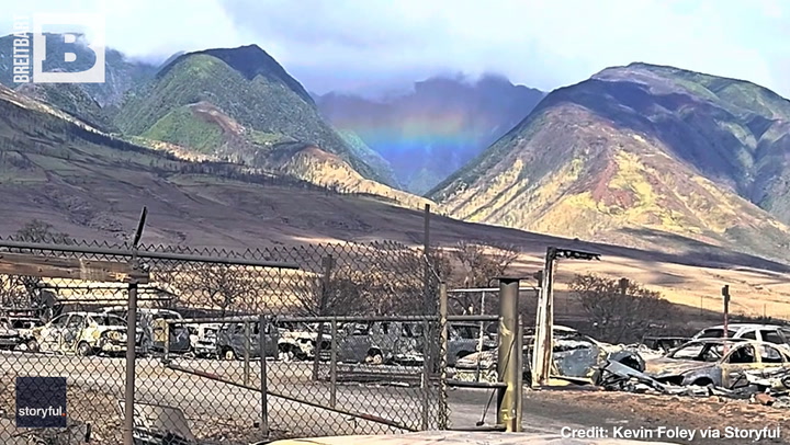 A SIGN OF HOPE! Rainbow Appears in Mountains Behind Burned Cars in Hawaii