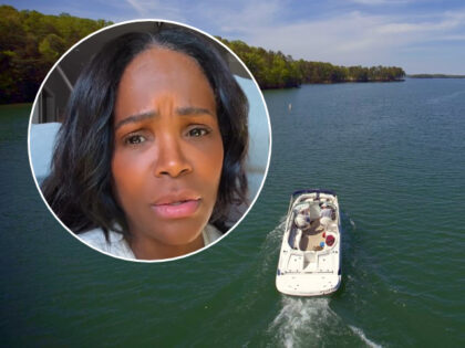 (INSET: Tameka Foster) A boat passes along Lake Lanier, April 23, 2013, in Buford, Ga. Fashion designer Tameka Foster, the ex-wife of R&B singer Usher, is calling to drain Lake Lanier, Georgia's largest lake, where her son was fatally injured 11 years ago. Kile Glover, her 11-year-old son with Bounce …