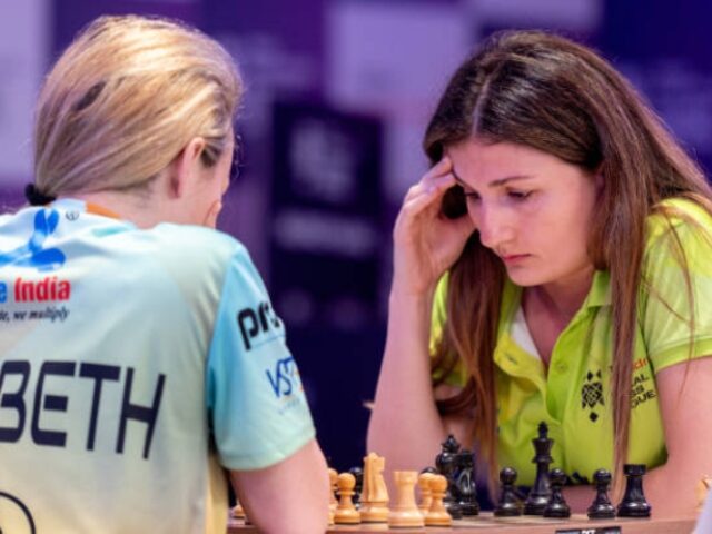 DUBAI, UAE - JUNE 23: The chess player Elisabeth Paehtz from Germany (L) compete with chess player Nino Batsiashvilii from Georgia (R) during World Chess Championship 2023 in Dubai, UAE on June 23, 2023. (Photo by Waleed Zein/Anadolu Agency via Getty Images