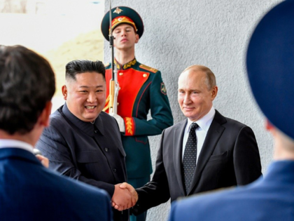 Russian President Vladimir Putin, right, and North Korea's leader Kim Jong Un pose for photographers during their meeting in Vladivostok, Russia, Thursday, April 25, 2019. President Putin opened his talks with Kim, saying that Russia would like to help support efforts to resolve the North Korean nuclear standoff. (Yuri Kadobnov/Pool …